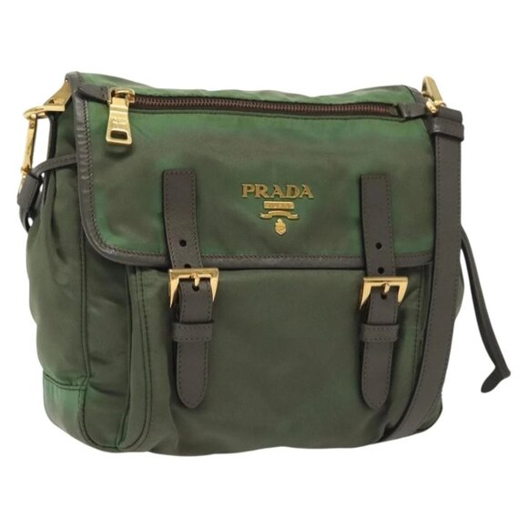PRADA Shoulder Bag Nylon Khaki Gold Auth 138636 - Picture 1 of 16